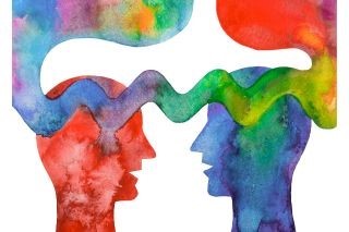 In watercolor, two profiles face one another. The profile on the left is red and the one on the right is blue. Two thought bubbles connect in a wavy line across the top of the heads.